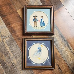 Vintage R. Ross Framed Folk Art Theorem Paintings Farmhouse Couple Goose Cottage